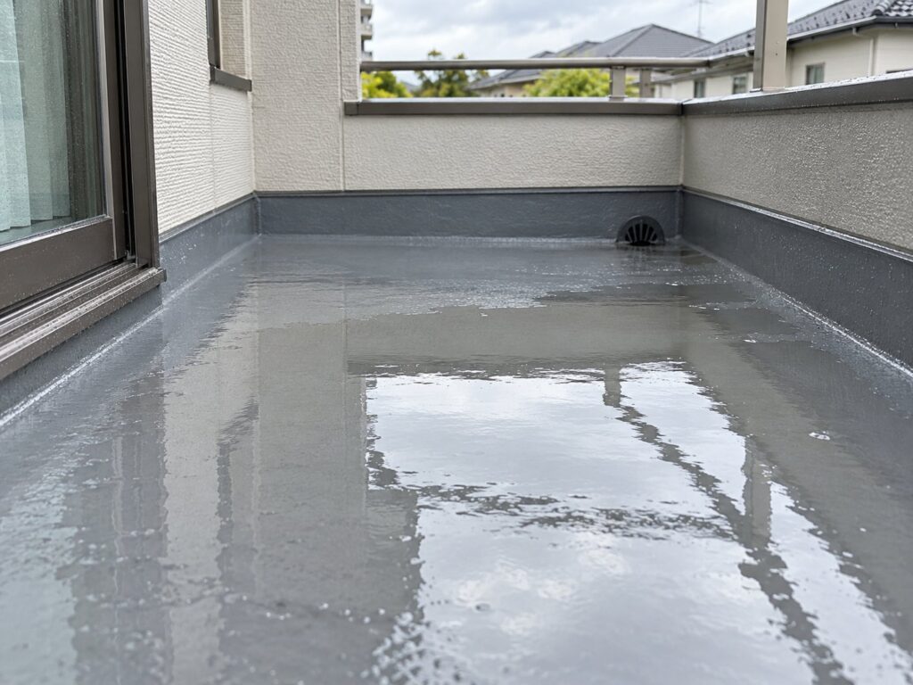 雨の後に水が残ったベランダ防水床のイメージ